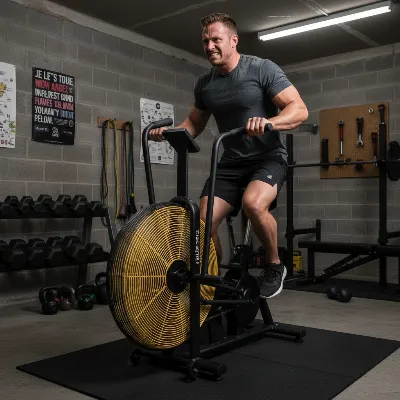 A person vigorously riding a Bells of Steel Blitz Bike 2.0 with a yellow fan and black frame, showcasing its sturdy design and full-body workout potential in a garage gym.