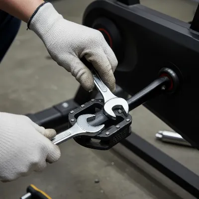 Hands using a wrench to tighten a bolt on an exercise bike pedal, demonstrating maintenance
