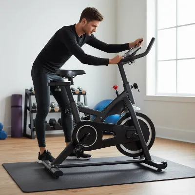 Person checking exercise bike stability