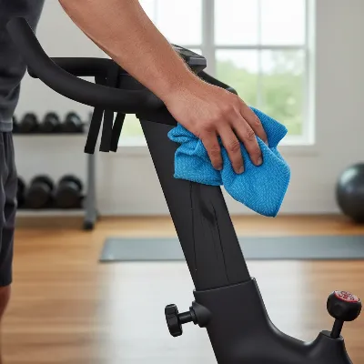 A person cleaning an exercise bike frame with a microfiber cloth, highlighting daily care