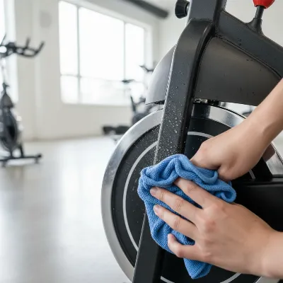 Person wiping down an exercise bike with a cloth, focusing on a moving part