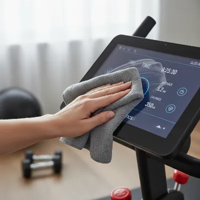 A hand cleaning an exercise bike screen.