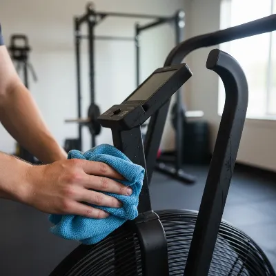 Rogue Echo Air Bike being cleaned and maintained in a home gym setting.