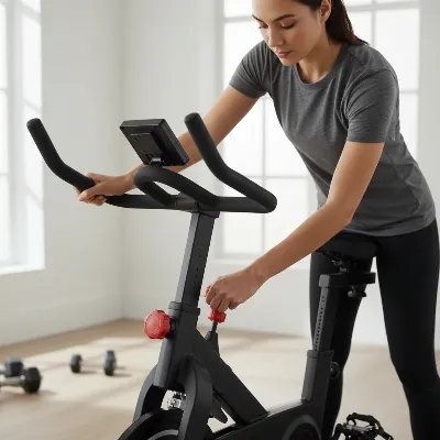 A person adjusting the seat height and handlebar position on an exercise bike to demonstrate proper ergonomic setup for comfort.
