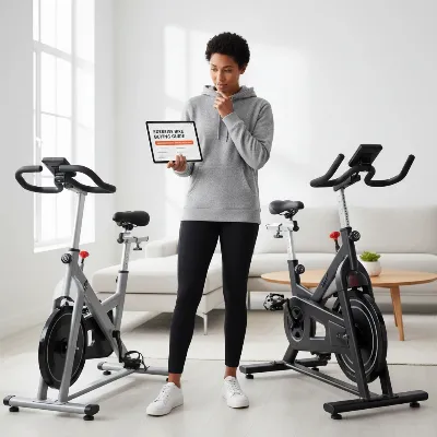 Person comparing features on various exercise bikes in a clean, modern home environment, guided by a tablet displaying a buying guide.
