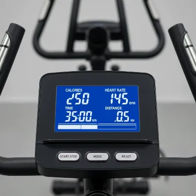 Digital display on an exercise bike showing workout metrics