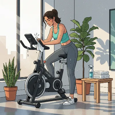 Person cleaning and maintaining a budget exercise bike in a home gym setting