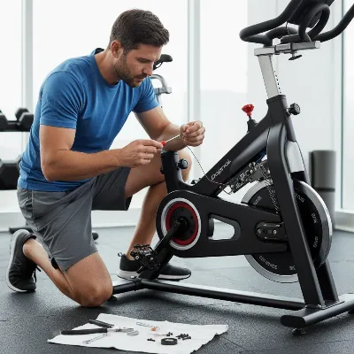 Man troubleshooting exercise bike resistance issues with tools