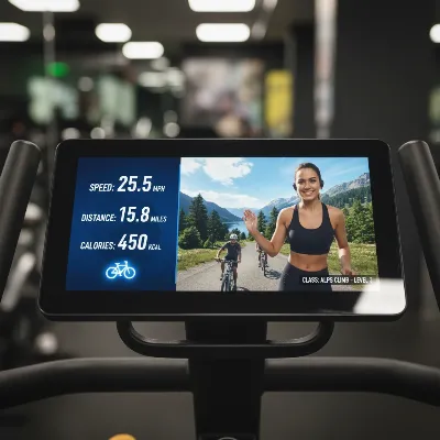 Close-up of an exercise bike's interactive screen display.