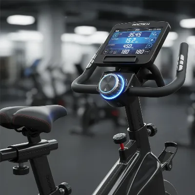 Close-up view of essential features on a modern exercise bike, showcasing a digital console, resistance knob, and adjustable seat, with elements from both upright and recumbent designs implied. The focus is on functionality and user interface. Studio lighting, clean and precise.