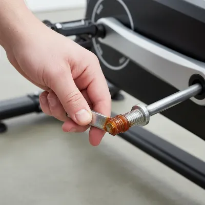 A close-up view of installing a new pedal onto an exercise bike crank arm, showing correct alignment and hand-threading.