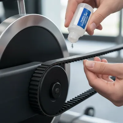 Hands applying lubricant to the drive belt or chain of an exercise bike