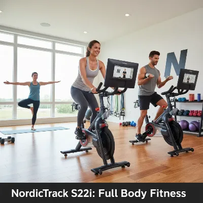 A diverse group of people using a NordicTrack S22i Studio Cycle for various workouts.