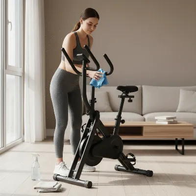 A person in athletic wear is wiping down a folding exercise bike with a cloth in a well-lit apartment. The bike is unfolded and ready for use, and cleaning supplies are neatly arranged beside it, illustrating routine maintenance.