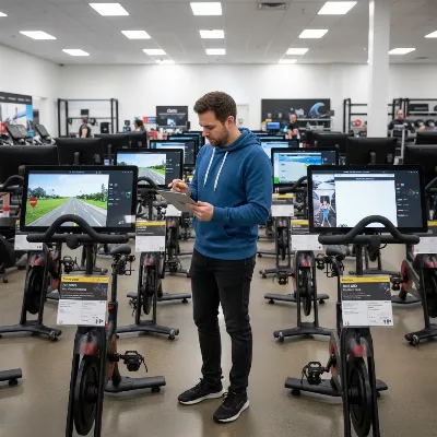 A person comparing exercise bike models with screens.