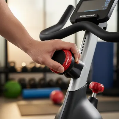 Hand adjusting the magnetic resistance knob on the Schwinn IC4.