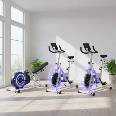 Various types of Sunny Health magnetic exercise bikes, including upright, recumbent, and spin bikes, in a modern home gym setting.