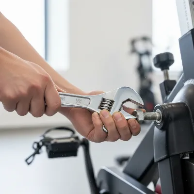 Hands using a wrench to tighten a bolt on an exercise bike frame or pedal