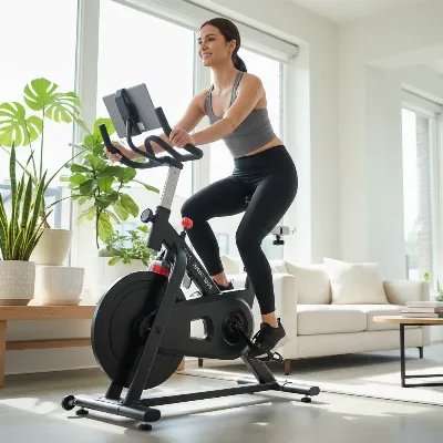 A woman enjoying a smooth and quiet workout on a Sunny Health magnetic exercise bike in her living room.